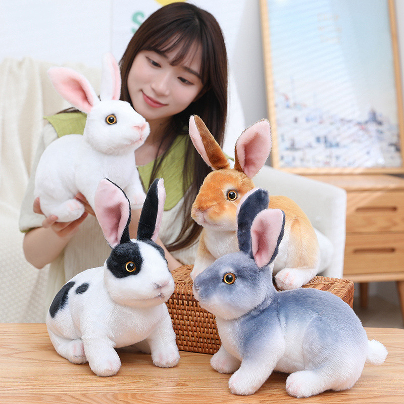 Realistic Rabbit Plush Toy in crouching style featuring lifelike bunny details, soft plush fabric, realistic fur colors, and natural rabbit pose