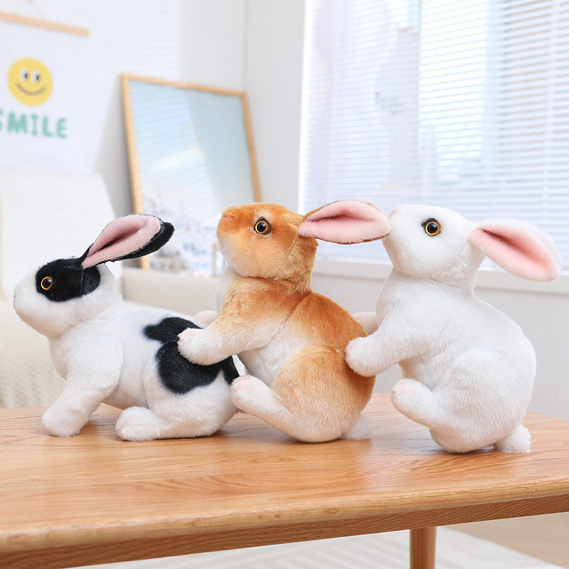 Black White, Brown, and White Realistic Rabbit Plush Toys in crouching style with realistic fur patterns and expressive eyes