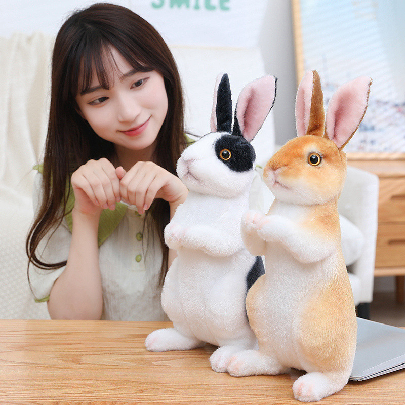Black White and Brown Realistic Rabbit Plush Toys in sitting style with lifelike fur textures and expressive eyes