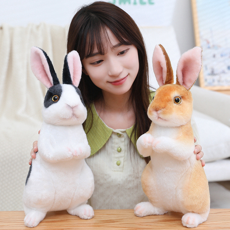 Black White and Brown Realistic Rabbit Plush Toys in sitting style with realistic fur patterns and lifelike rabbit features