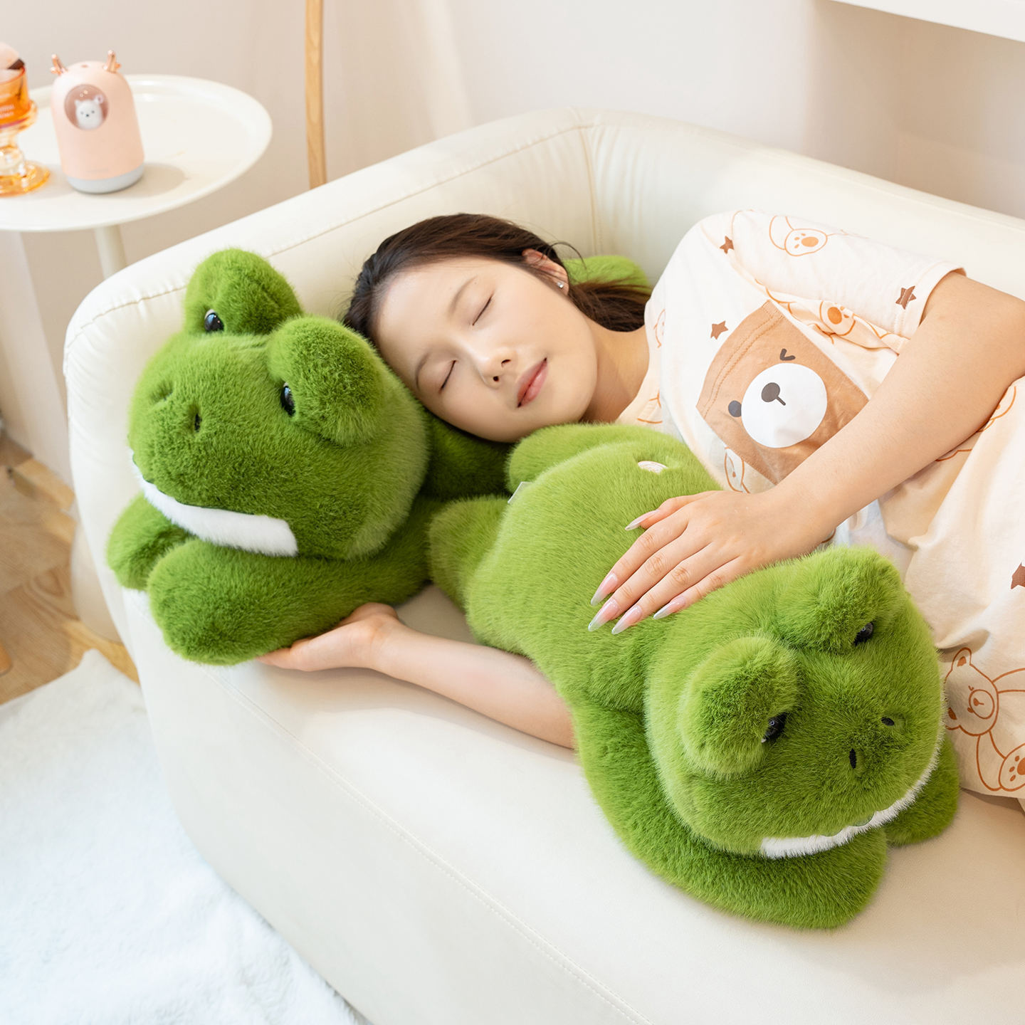 Cute Frog Plush Toy with soft plush fabric and a cuddly frog design, perfect for relaxing on a sofa or bed