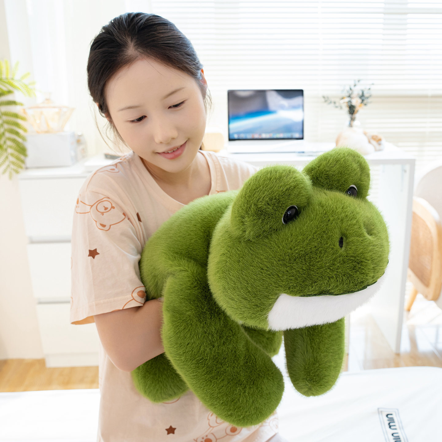 Cute Frog Plush Toy featuring a fluffy frog design, soft plush fabric, and a cuddly shape for hugging and relaxing