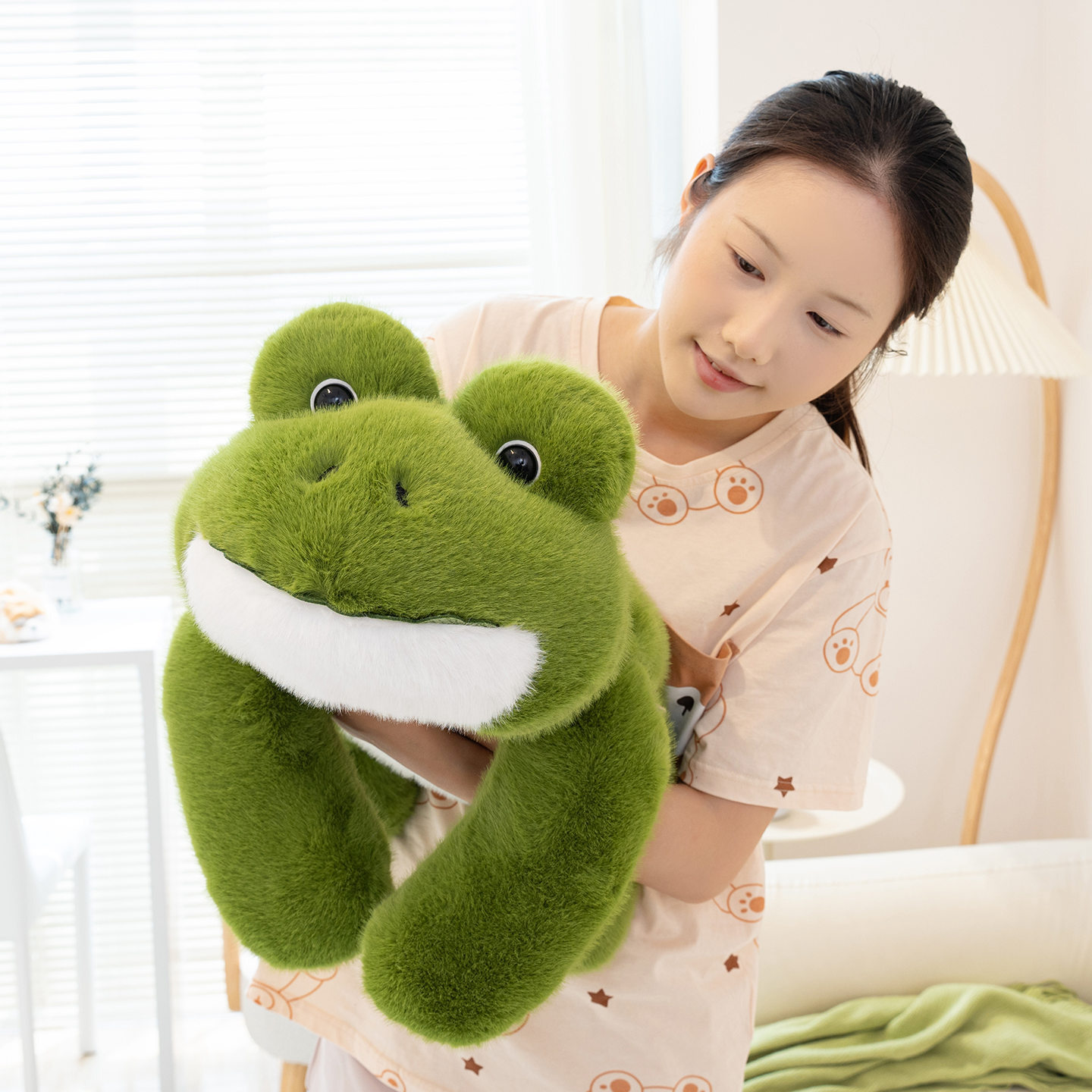 Cute Frog Plush Toy with a fluffy texture and adorable lying frog design for hugging, comfort, and bedroom decor