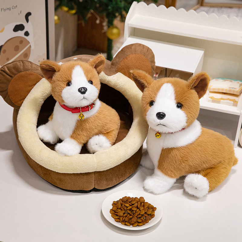Cute Sitting Corgi Plush Toy displayed in a cozy home setting with realistic corgi features