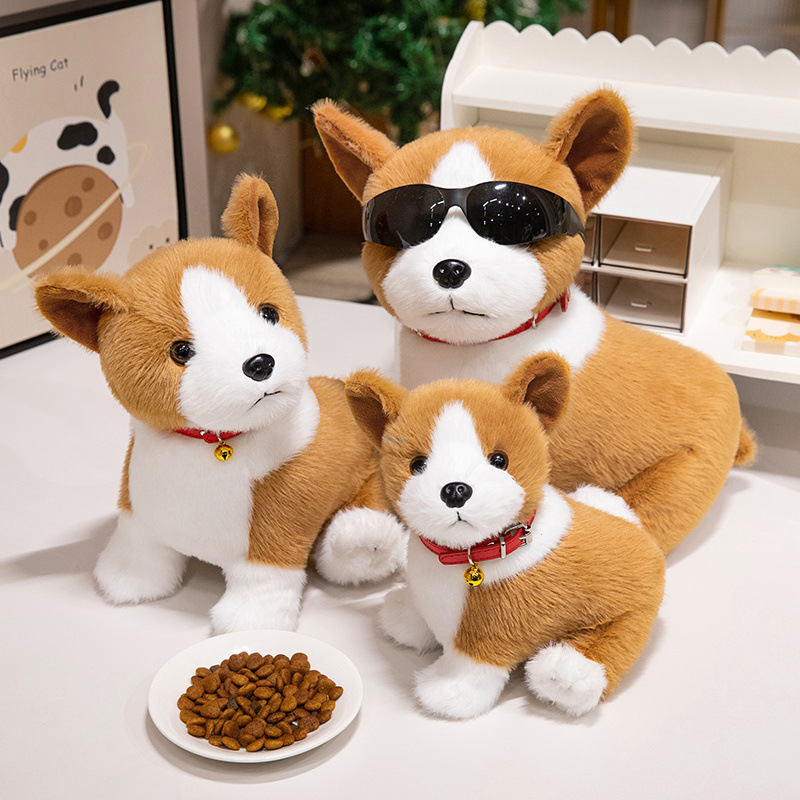 Cute Sitting Corgi Plush Toy with fluffy fur, red collars, and charming puppy expressions