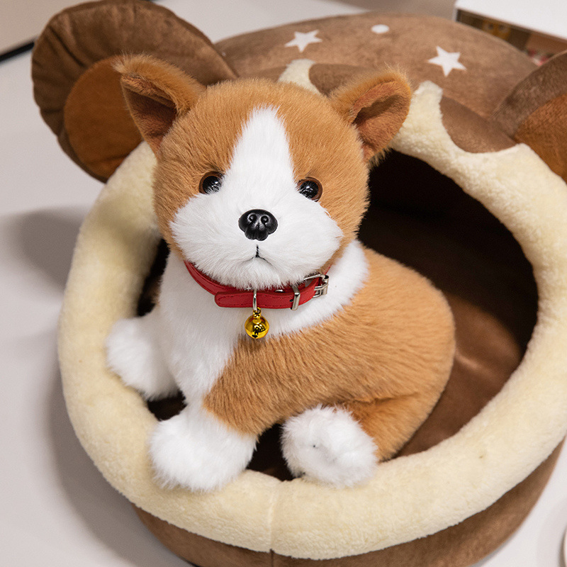 Cute Sitting Corgi Plush Toy with soft plush fabric and realistic puppy-inspired details in a cozy display setting