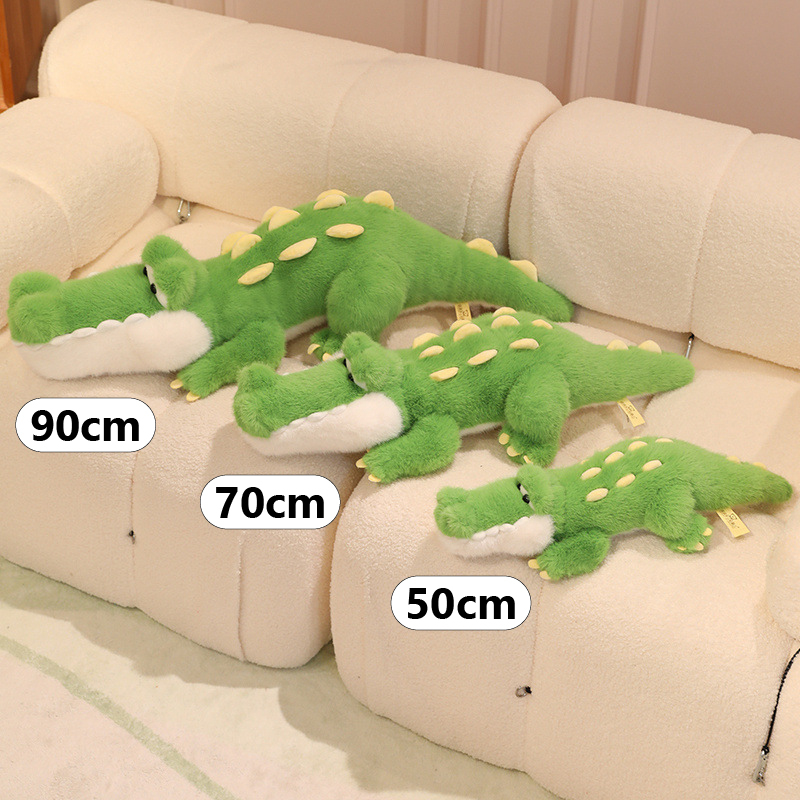Cute Crocodile Plush Toy size comparison showing 50 cm, 70 cm, and 90 cm options for cuddling, display, decorating, and gifting