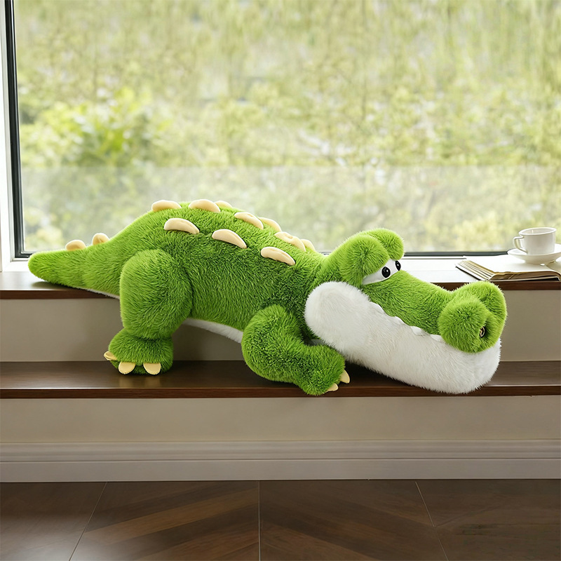 Cute Crocodile Plush Pillow displayed on a window seat, adding a cheerful and cozy touch to a bright living space
