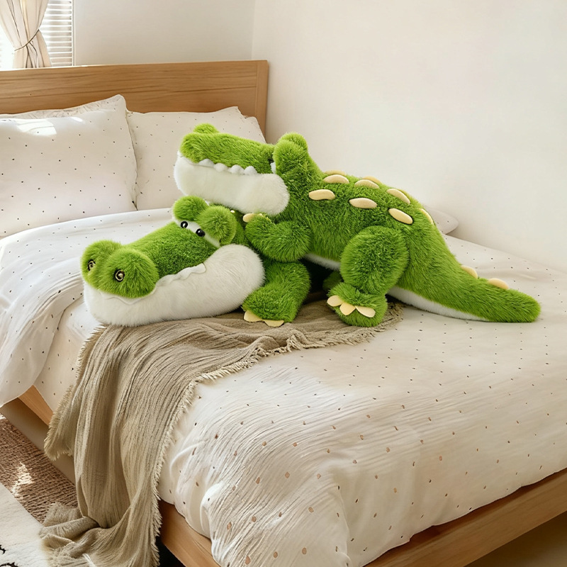 Cute Crocodile Plush Pillow displayed on a bed, adding a playful crocodile design and cozy decorative touch to the bedroom