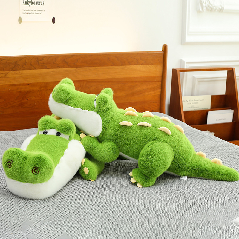Cute Crocodile Plush Pillows on a bed, featuring soft plush fabric, playful crocodile details, and a cozy bedroom atmosphere