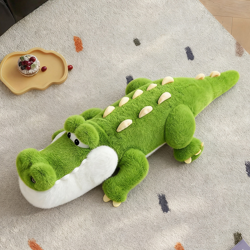 Cute Crocodile Plush Pillow resting on a soft rug, featuring a playful crocodile design and fluffy plush texture for cozy room decor