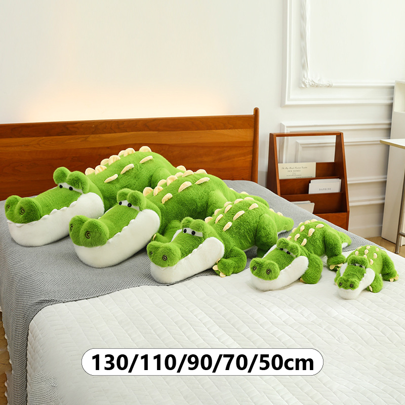 Cute Crocodile Plush Pillow available in 50 cm, 70 cm, 90 cm, 110 cm, and 130 cm sizes for hugging, lounging, and bedroom decor