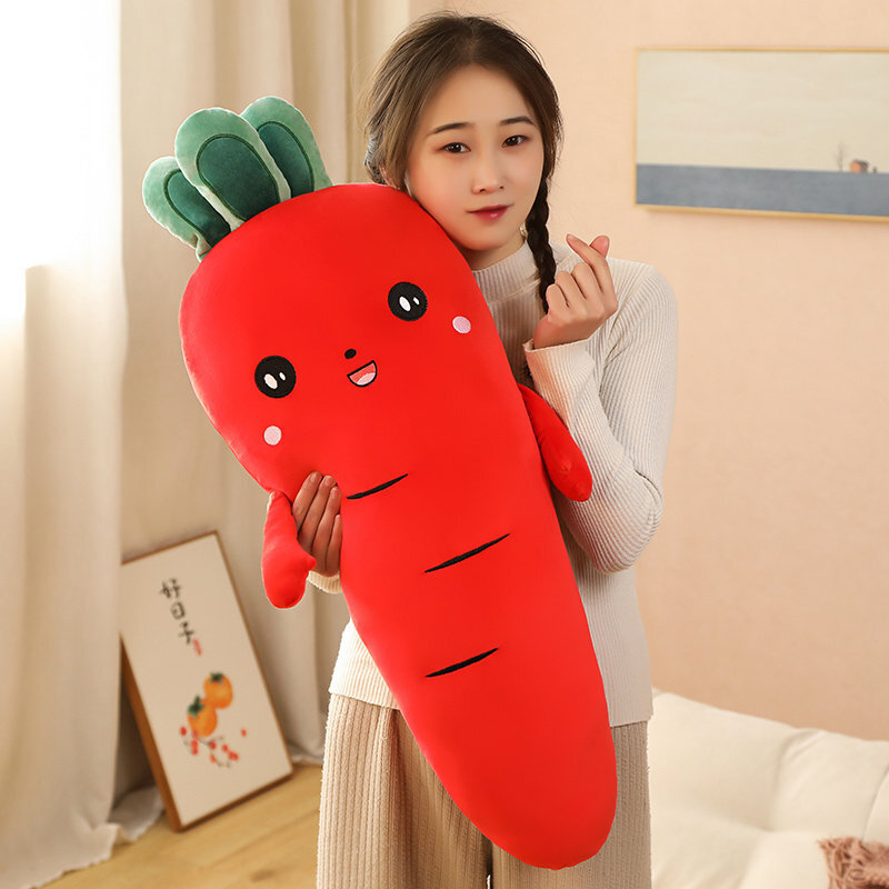 Red Carrot Plush Pillow with an adorable smiling face, vibrant color, and soft plush texture for comfort and decoration