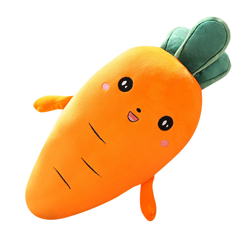 Yellow Carrot Plush Pillow with a smiling face, soft plush fabric, and leafy top detail, perfect for hugging, lounging, and room decor