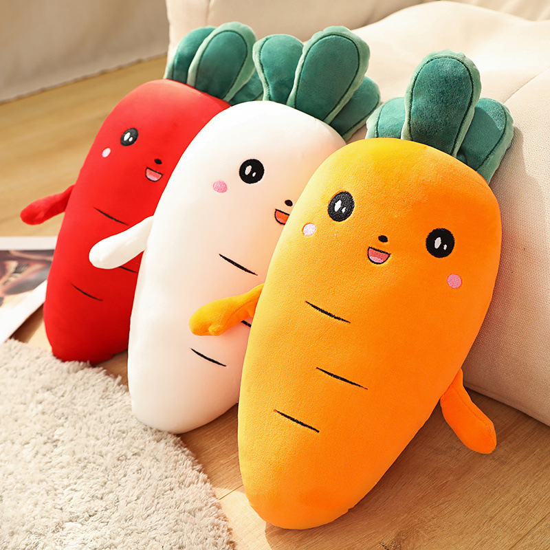 Carrot Plush Pillow available in yellow, white, and red colors with smiling faces and soft plush fabric for cozy room decor