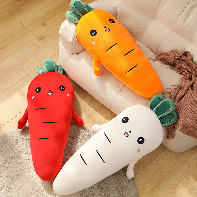Yellow, white, and red Carrot Plush Pillows displayed beside a sofa, creating a cheerful and cozy home atmosphere
