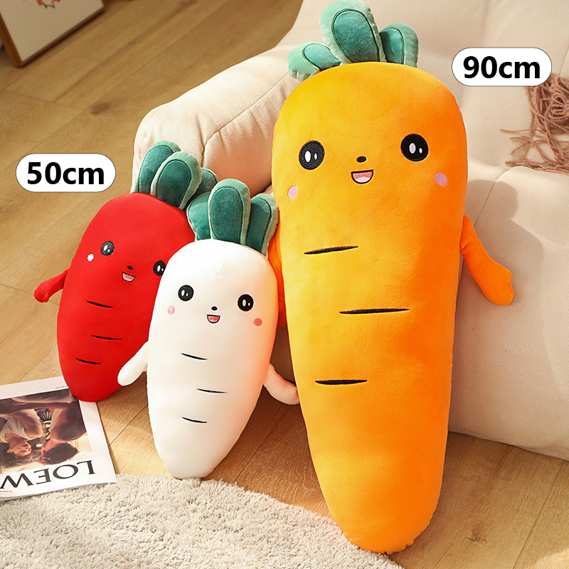Carrot Plush Pillow in yellow, white, and red colors showing 50 cm and 90 cm size options for hugging and room decor