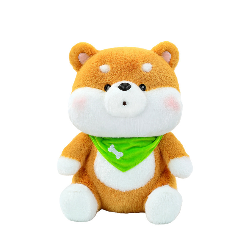 Shiba Inu plush toy with a green bandana featuring soft plush fabric and a cute sitting design