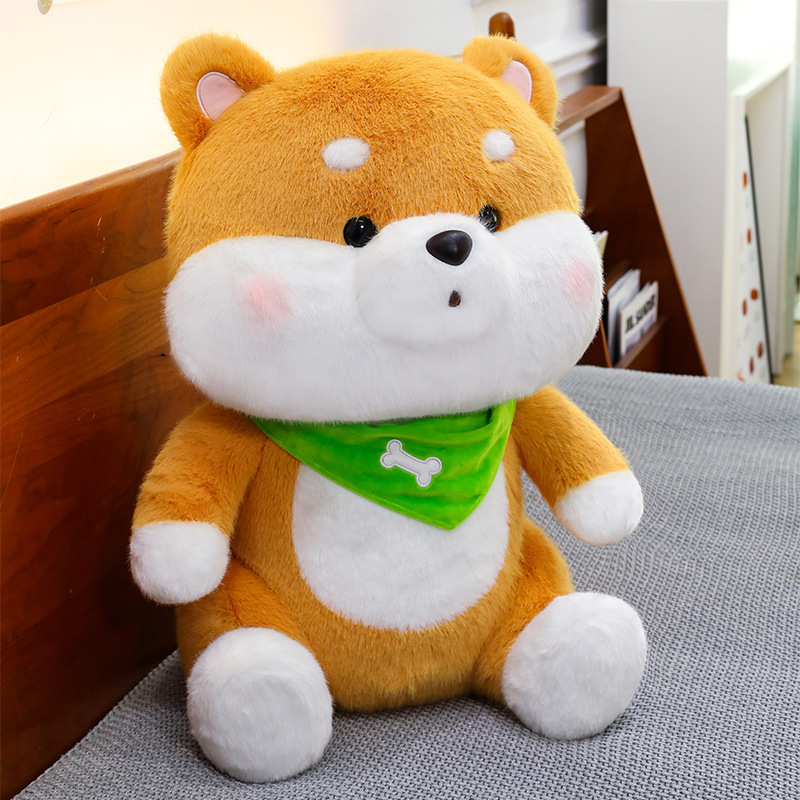 Shiba Inu plush toy with a green bandana showcasing its fluffy cheeks and soft plush fabric