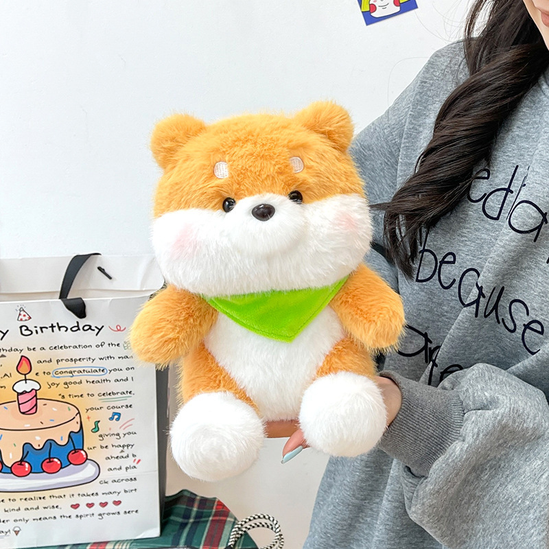 Shiba Inu plush toy with a green bandana featuring a compact size, fluffy plush fabric, and cuddly sitting design