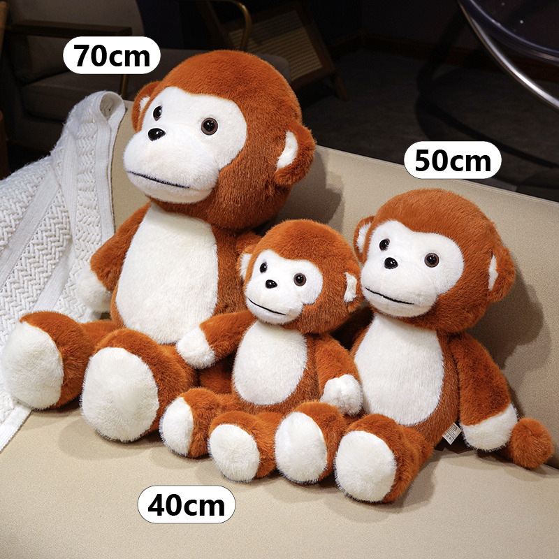 Cute Monkey Plush Toy size comparison showing 40 cm, 50 cm, and 70 cm options with soft plush fabric and swinging limbs