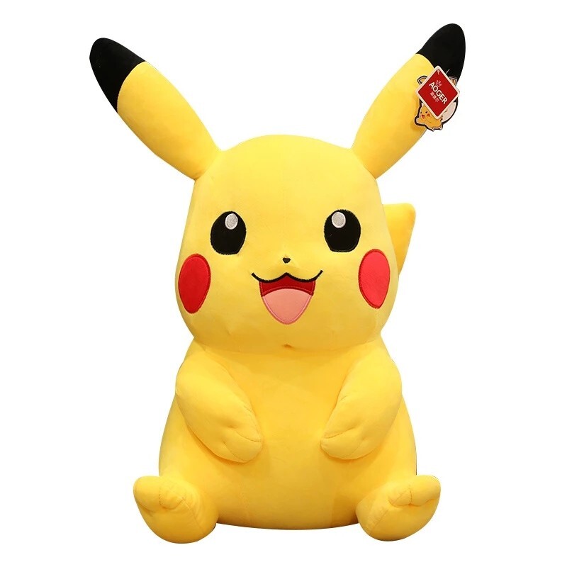Official Pokemon Licensed Aoger Pikachu Plush Toy in Happy style featuring soft plush fabric, bright colors, and Pikachu's iconic cheerful expression