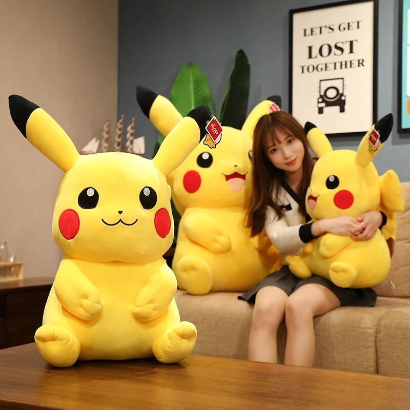 Official Pokemon Licensed Pikachu Plush Toys in Classic and Happy styles, highlighting the size difference for display, cuddling, and collecting