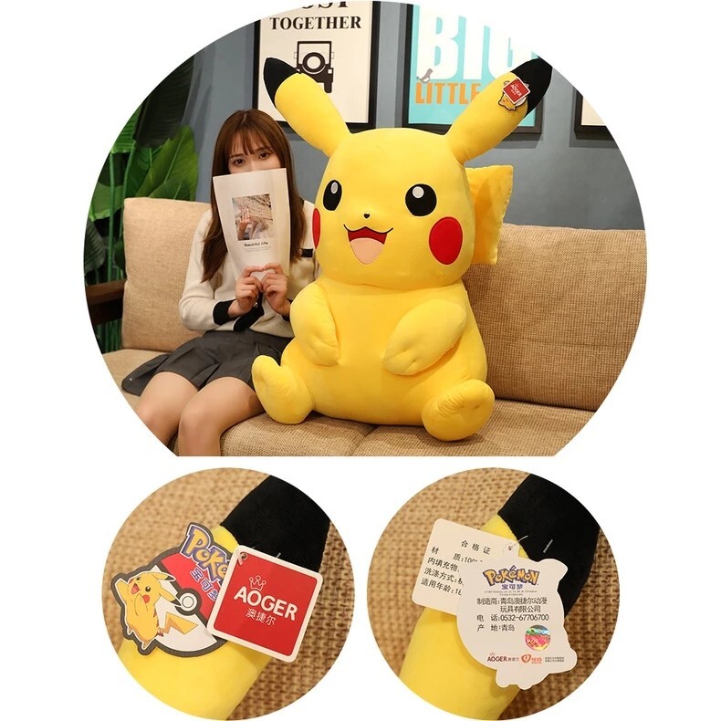 Official Pokemon Licensed Aoger Pikachu Plush Toy featuring official hang tags, product labels, and authentic licensed details