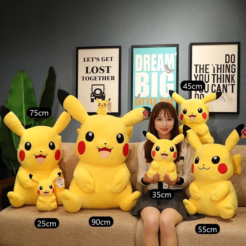 Official Pokemon Licensed Aoger Pikachu Plush Toy available in 25 cm, 35 cm, 45 cm, 55 cm, 75 cm, and 90 cm sizes in Happy and Classic styles