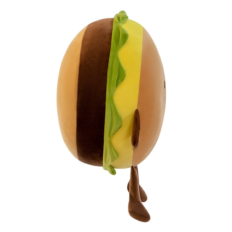 Side view of cute burger plush pillow featuring layered burger details, lettuce and filling accents, thick plush construction, and a soft rounded profile