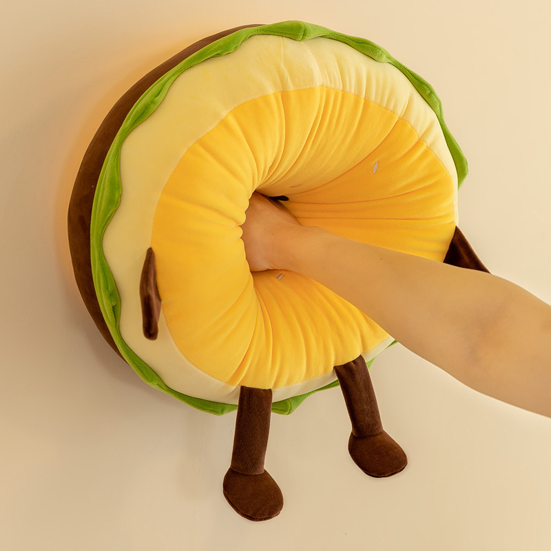 Cute burger plush pillow with soft PP cotton filling demonstrating its plush, squishy, and supportive design, perfect for hugging, lounging, relaxing, and taking a nap