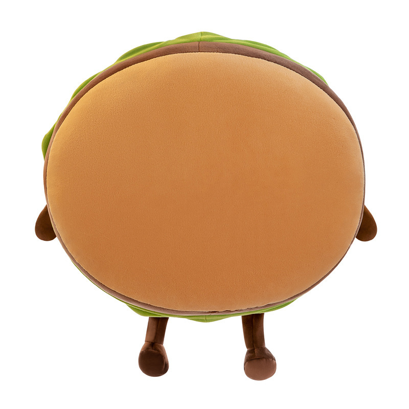 Back view of cute burger plush pillow showing its smooth plush surface, rounded shape, soft PP cotton filling, and food-inspired cushion design
