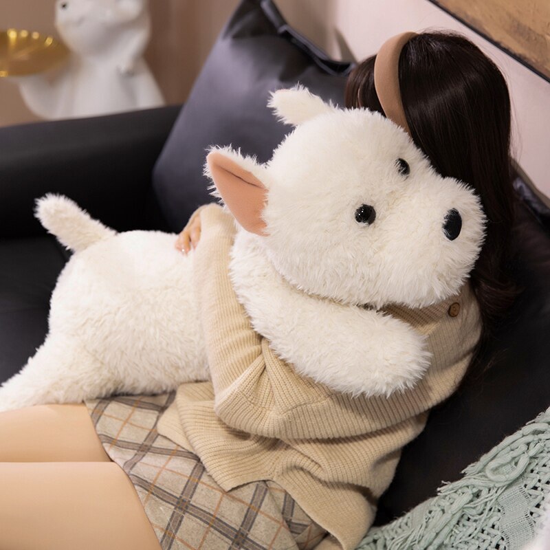 West Highland White Terrier Plush Pillow offering cozy comfort for hugging while relaxing on a sofa