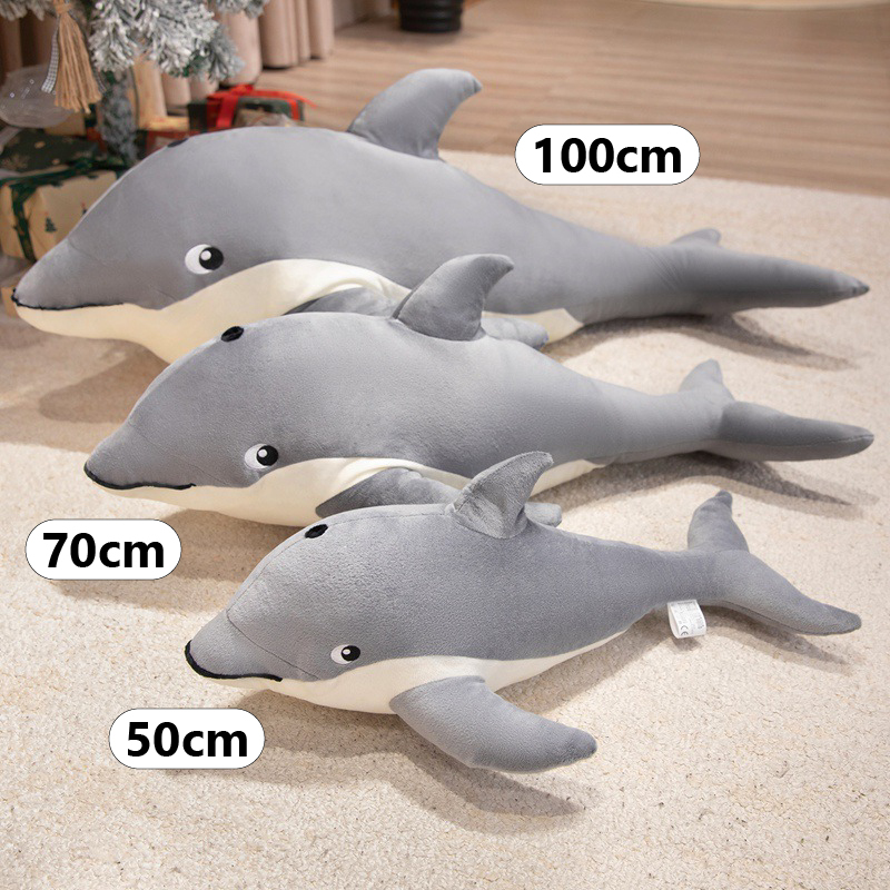 Cute Dolphin Plush Pillow size comparison showing 50 cm, 70 cm, and 100 cm dolphin plush pillows