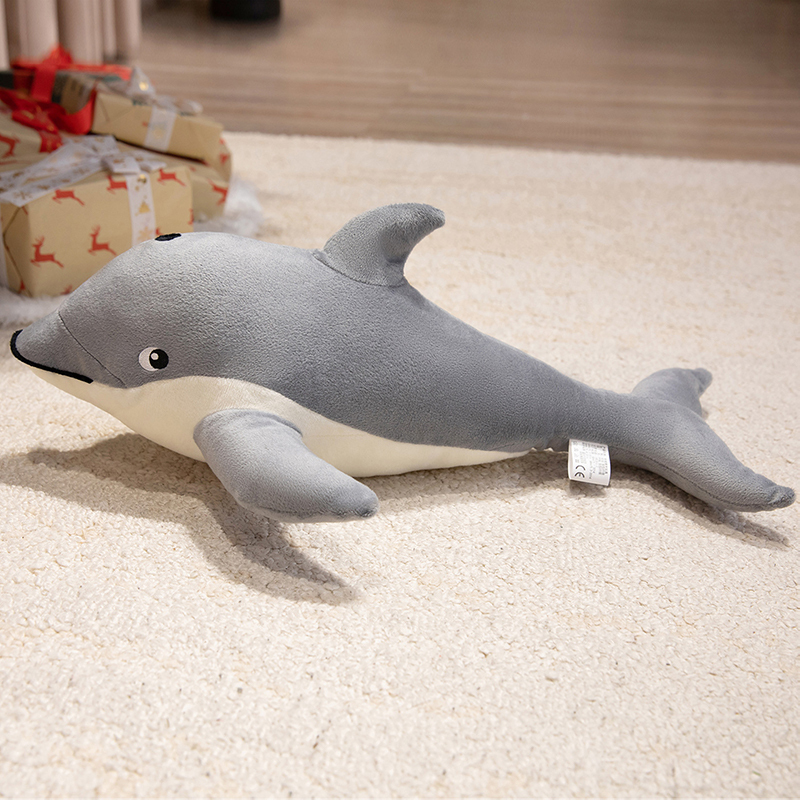 Soft gray Dolphin Plush Pillow with a realistic shape for cuddling and bedroom decor