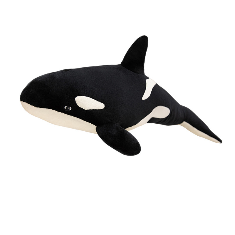 Orca Killer Whale plush pillow with soft plush fabric, fluffy PP cotton filling, and realistic black-and-white whale design on a white background