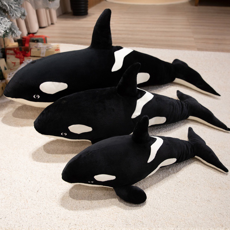 Orca Killer Whale plush pillows available in 50 cm, 70 cm, and 100 cm sizes with soft plush fabric and cuddly PP cotton filling
