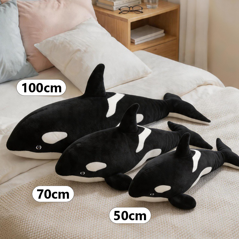 Orca Killer Whale plush pillow size comparison featuring 50 cm, 70 cm, and 100 cm options for hugging, sleeping, and home decor