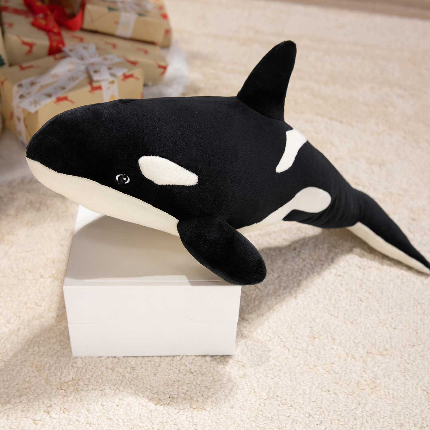 Orca Killer Whale plush pillow featuring soft plush fabric, embroidered details, and a realistic whale-inspired design