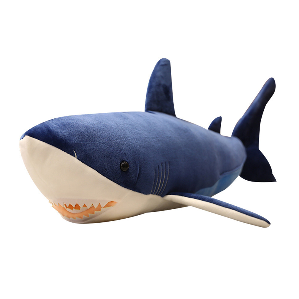 Blue Megalodon Shark Plush Toy featuring soft plush fabric, realistic fins, gills, and playful teeth on a white background