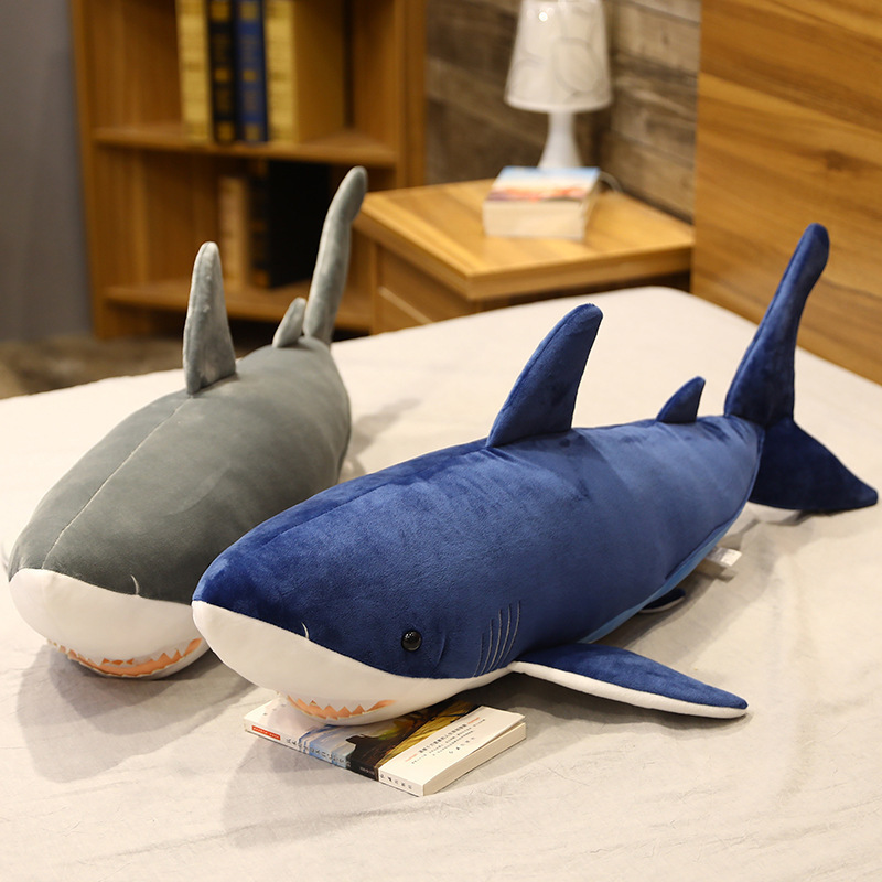 Blue and Gray Megalodon Shark Plush Toys showcasing both color options with soft plush fabric and realistic shark details