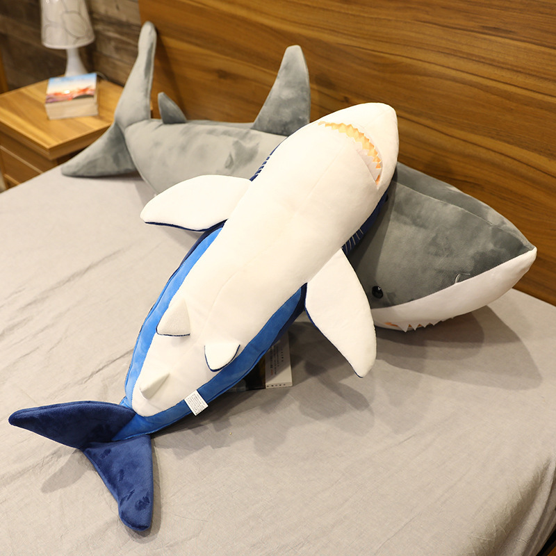 Blue and Gray Megalodon Shark Plush Toys showing the underside, fins, and soft plush construction
