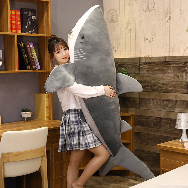Gray Megalodon Shark Plush Toy with a realistic shark design, perfect for hugging, cuddling, and cozy bedroom decor