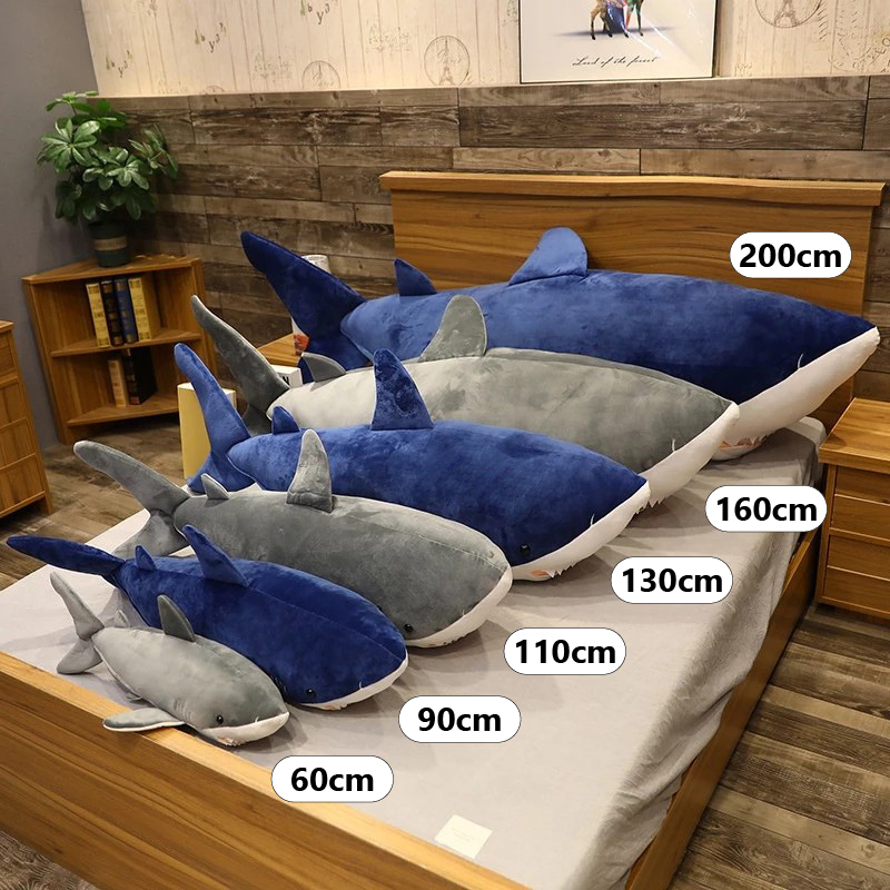 Megalodon Shark Plush Toy size comparison showing 60 cm, 90 cm, 110 cm, 130 cm, 160 cm, and 200 cm plush sizes
