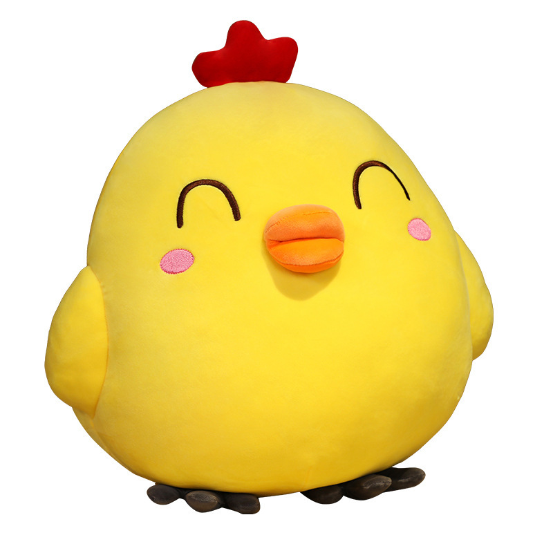 Funny Yellow Chick Plush Toy with Happy Eyes expression in soft yellow plush fabric on a white background