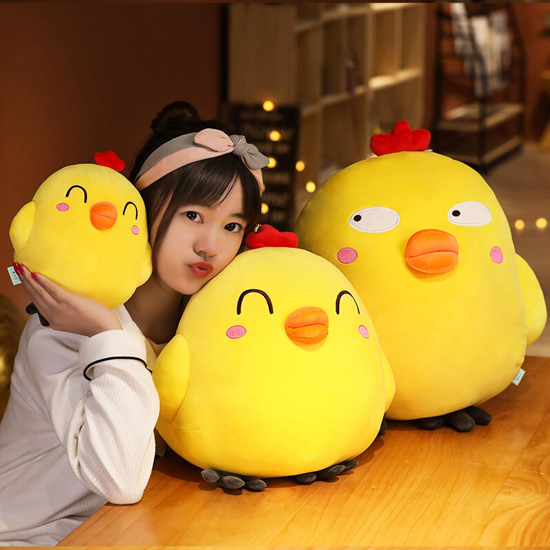 Funny Yellow Chick Plush Toy displaying Happy Eyes and Side Eyes expressions in three sizes