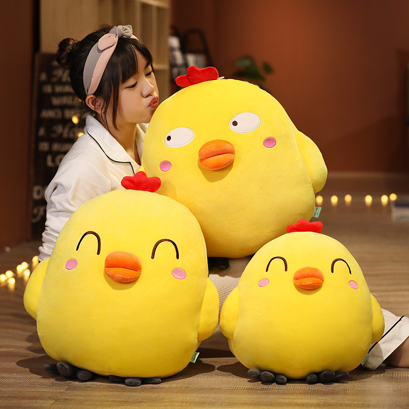 Funny Yellow Chick Plush Toy in Happy Eyes and Side Eyes expressions, soft plush design for cuddling, collecting, and cheerful room decor