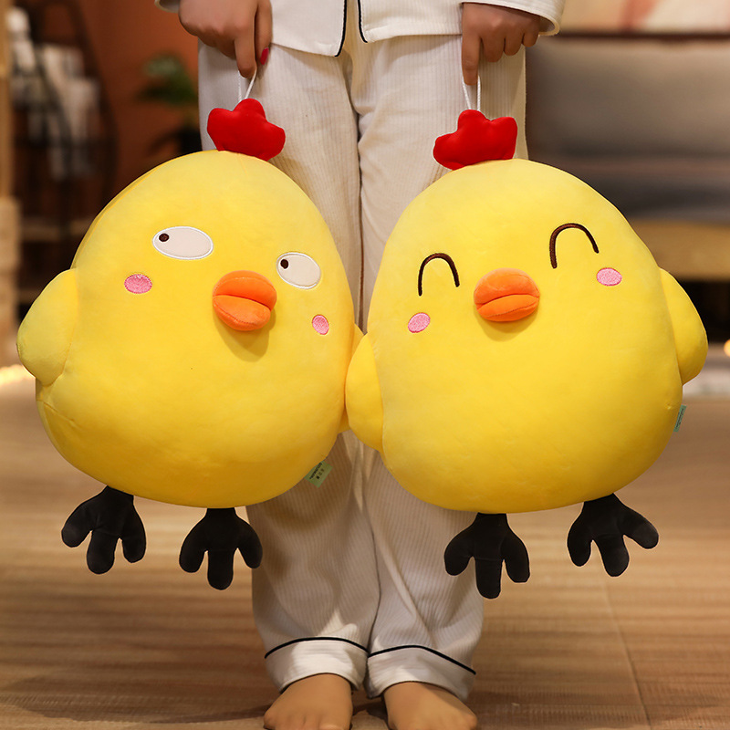 Funny Yellow Chick Plush Toy with Happy Eyes and Side Eyes variants displayed side by side