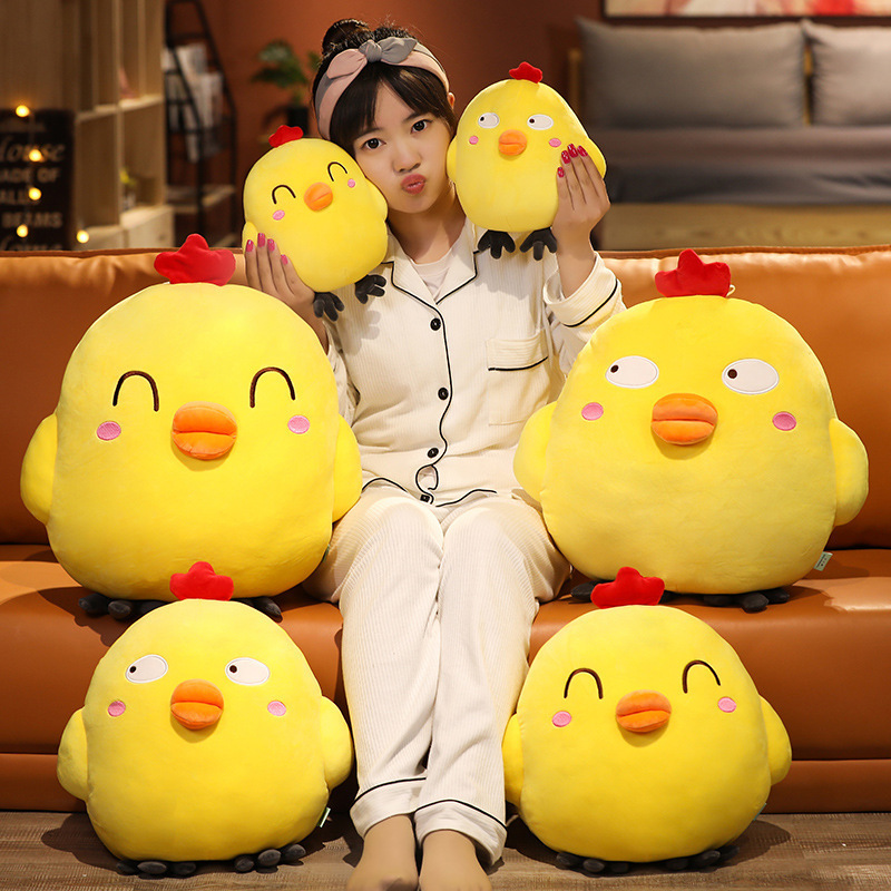 Funny Yellow Chick Plush Toy collection featuring Happy Eyes and Side Eyes styles in multiple sizes for display, cuddling, and gifting