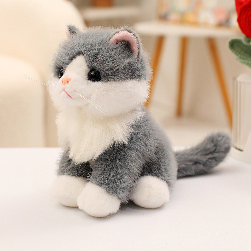 Gray Realistic Cat Plush Toy with soft fluffy fur and lifelike sitting kitten design
